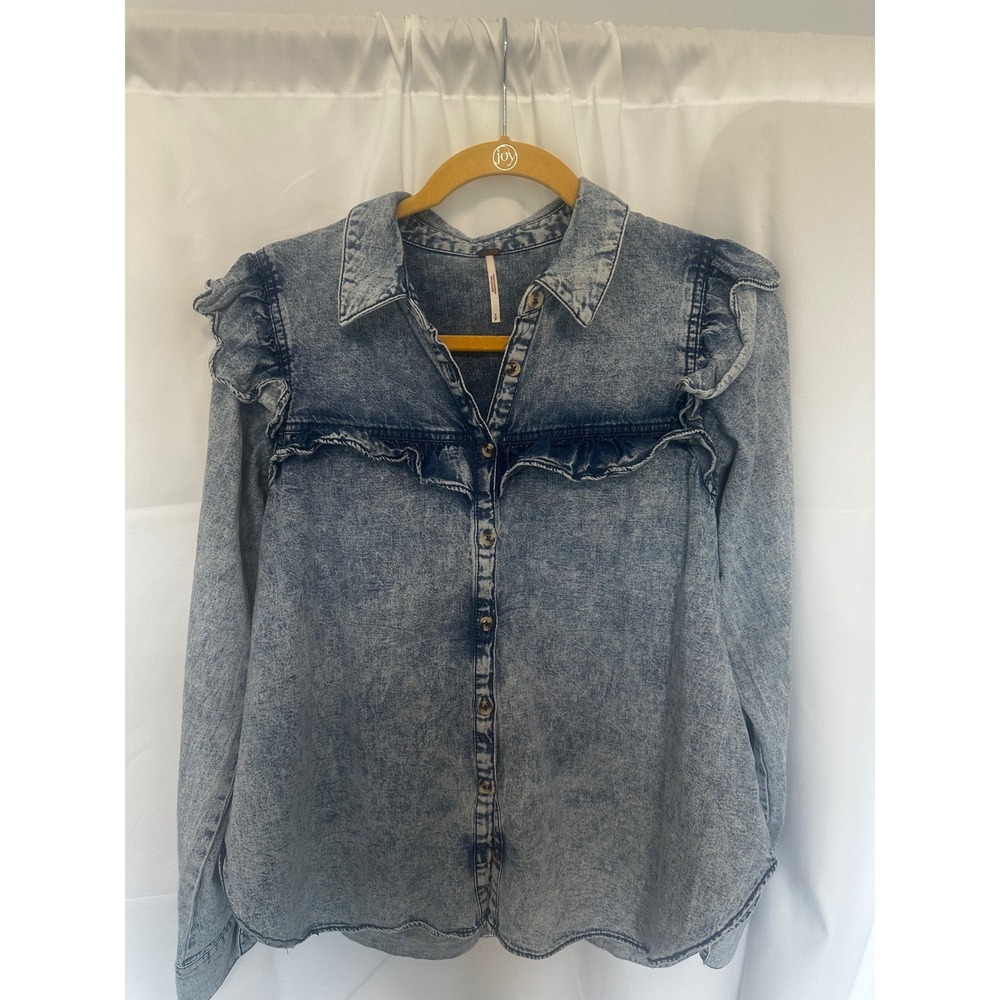 Free People Womens Ruffle Acid Wash Denim Button Down Shirt Blue Small